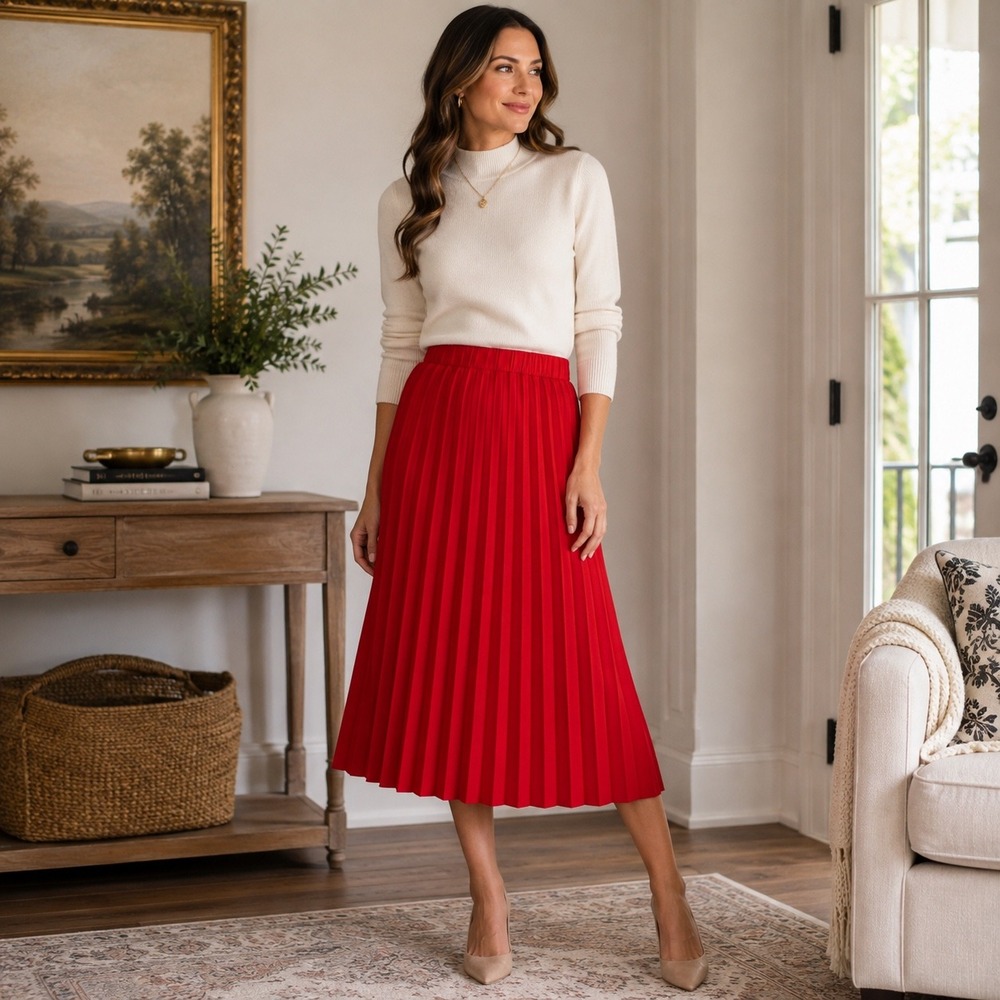 Vintage Susan Bristol Red Pleated Midi Skirt L Made USA Elastic Waist 80s